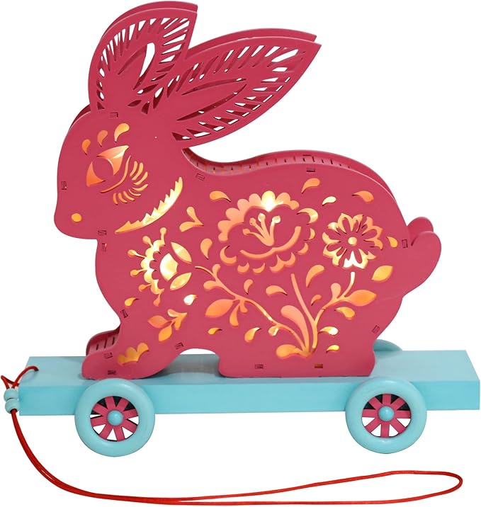 复活节兔子灯笼剪纸风格兔子装饰带灯光和轮子儿童礼品(红色和蓝色)